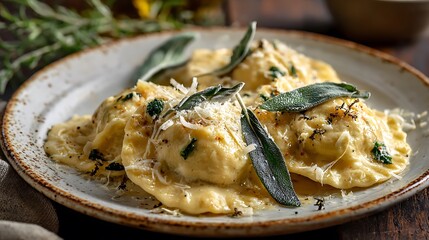 Four portions of freshly prepared ravioli pasta with browned butter sauce and shredded Parmesan cheese garnished with.