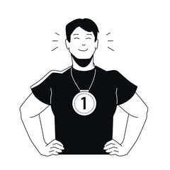 Champion with Medal - Black and White Flat Design Illustration