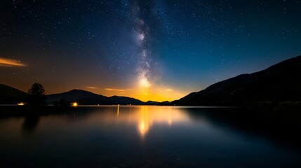 Stargazing at lake serenity night sky landscape photography peaceful environment panoramic view capturing celestial beauty