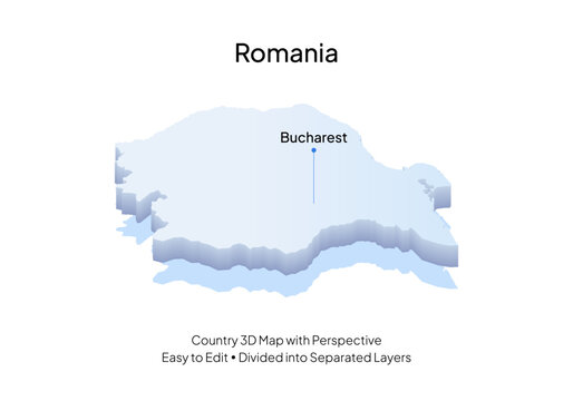 Romania Country Map, with 3D perspective clean style, highlighted at Bucharest capital city 
