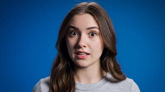 Confused Young Woman with Brown Hair Raises Eyebrows and Asks for Explanation Against a Blue Background