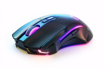 Black computer mouse with glowing LED lights on white background