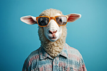 Sheep with sunglasses and shirt in front of blue background