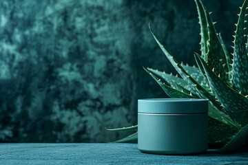 Green pot of face cream with Aloe Vera plant on dark background