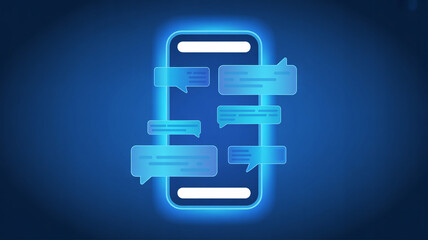 Glowing smartphone with chat bubbles on screen in dark blue