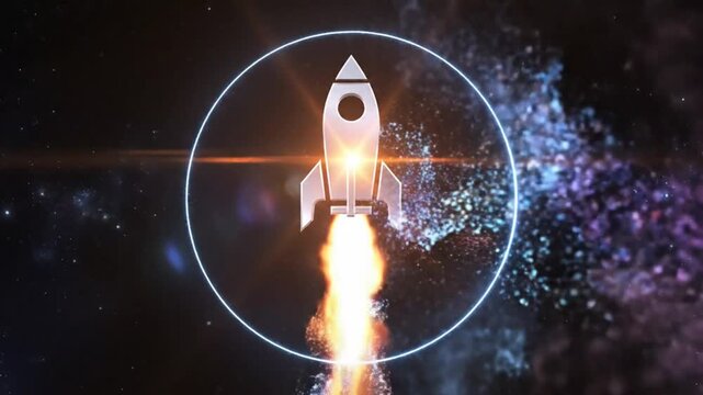 Futuristic rocket ship launching with particle effects within a glowing white circular frame against the starry night sky