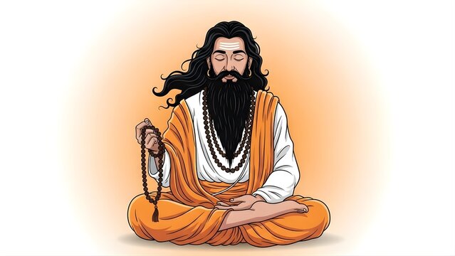 Guru ravidas jayanti celebration with a spiritual leader portrait illustration - Meditating monk with beads and long hair in orange robe