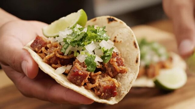 A close-up of a hand holding a freshly made taco filled with savory meat, topped with diced onions and cilantro, while a slice of lime is being squeezed over it in a vibrant kitchen setting