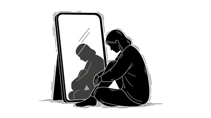 Woman Sitting Beside Phone with Reflection.