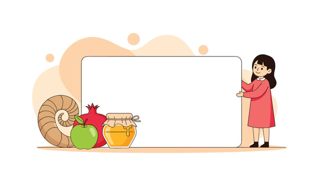 Cute young girl holding a large blank white board surrounded by traditional Rosh Hashanah symbols like honey apple and pomegranate.