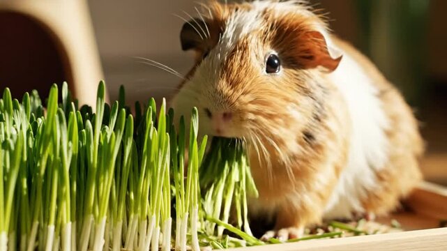 Cute guinea pig with brown and white fur happily eating fresh green grass in a wooden tray