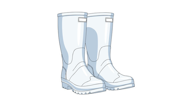 Pair of sturdy white waterproof rubber boots used for rain protection or gardening tasks isolated on a plain white background.