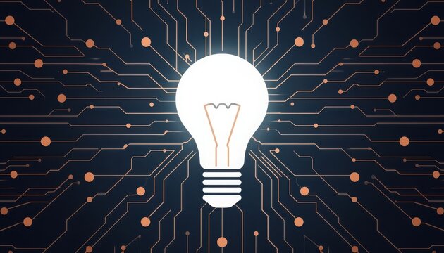 A glowing lightbulb on a circuit board represents a brilliant idea in technology, Digital innovation concept with glowing light bulb made of data connections - Powered by Adobe