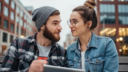 Young couple sharing digital tablet on park bench amid urban backdrop