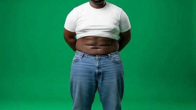 African american man with visible belly fat evolving into impressive six pack abs, weight loss journey transformation footage