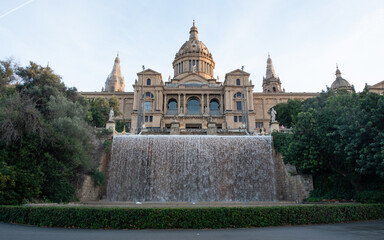 Palau Nacional with waterfall at Montjuic in Barcelona