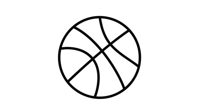 Simple black and white line drawing of basketball ball showing classic seam patterns against plain white background.
