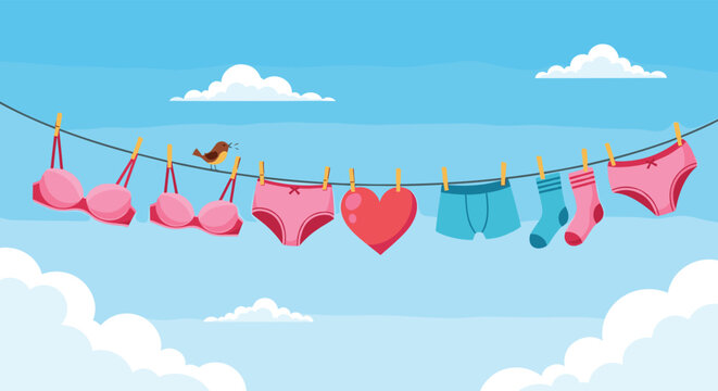 Colorful underwear socks and heart symbol hanging on clothesline with clothespins against blue sky and white clouds.