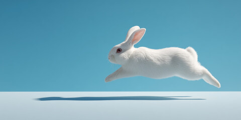 surreal white Easter bunny in a dynamic mid-leap pose represents a premium spring concept against a solid pastel sky blue background.
