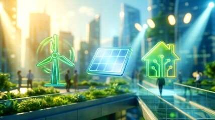 Sustainable energy icons over modern eco friendly city background