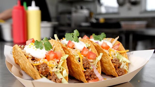 A close-up of freshly prepared tacos filled with seasoned beef, lettuce, tomatoes, and cheese, garnished with cilantro, served in a vibrant kitchen setting with condiments in the background