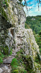 Gesicherter Steg auf dem Wanderweg Sentier des Roches (Felsenpfad) am Col de la Schlucht im Elsass