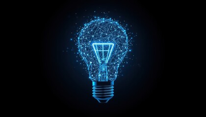 A glowing blue lightbulb with a network of connections represents innovation and creativity in a dark background, Digital innovation concept with glowing light bulb made of data connections