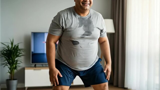 Adult indian man engaged in active home fitness doing squats for weight loss, workout during quarantine footage