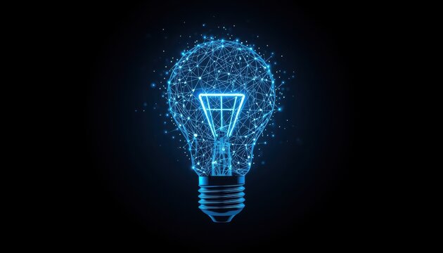 A glowing blue lightbulb with a network of connections represents innovation and creativity in a dark background, Digital innovation concept with glowing light bulb made of data connections - Powered by Adobe