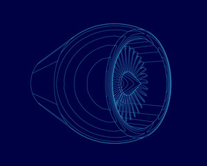 A detailed 3D model blueprint of a jet engine turbine, presented with clean white contour lines against a solid blue background.