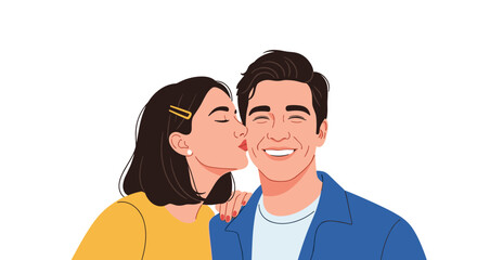 Young woman kissing a man on his cheek while he smiles happily in a sweet moment of affection on a white background.
