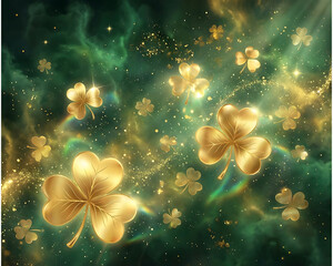 Golden Shamrock Floating in Magical Green Background