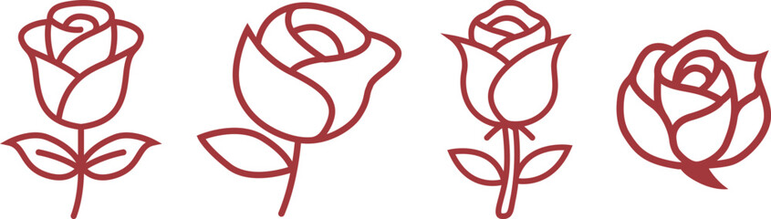 Minimal Red Rose Line Art Icon Set.