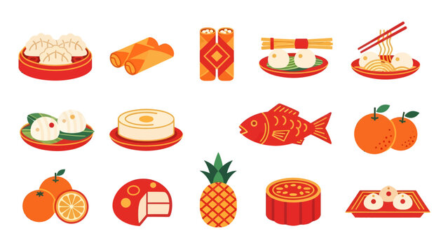 Chinese New Year Food Flat Vector Icon Set Traditional Lunar Festival Cuisine