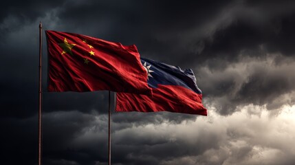 Two flags of China and Taiwan are flying in the sky. The sky is dark and cloudy, and the flags are waving in the wind