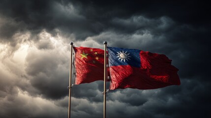 Two flags of China and Taiwan are flying in the sky. The flags are red and white. The sky is cloudy and dark
