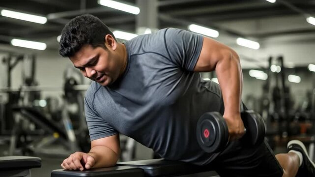 Young indian man in training t-shirt lifting dumbbell weight on gym bench working out for healthy lifestyle footage