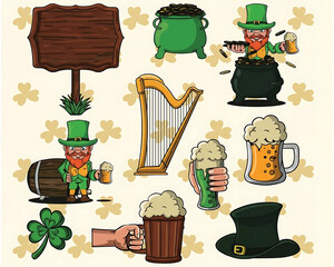 St Patrick&rsquo;s Day Cartoon Illustration Set with Leprechaun and Beer