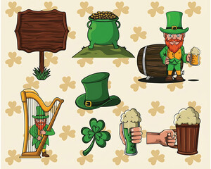 St Patrick&rsquo;s Day Cartoon Illustration Set with Leprechaun and Beer