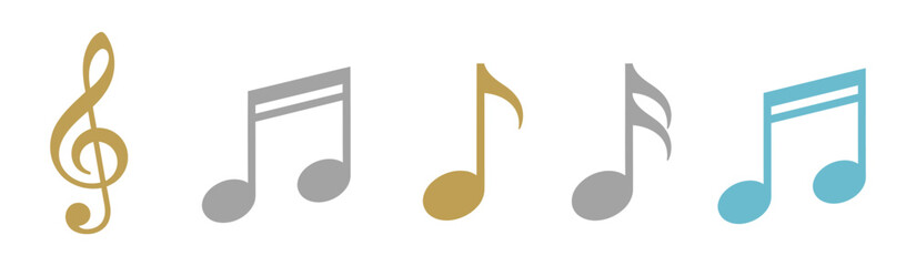 Set of all music notes symbols, flat design vector illustrations isolated on transparent background 