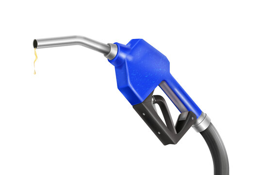 Blue gas pump nozzle dripping gasoline drop, fueling energy concept, realistic 3D illustration isolated on transparent background