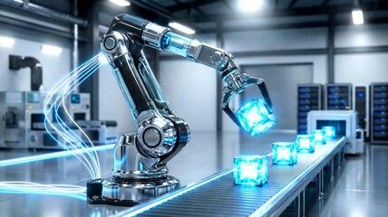 Robotic arm picking up glowing digital data cubes on conveyor belt