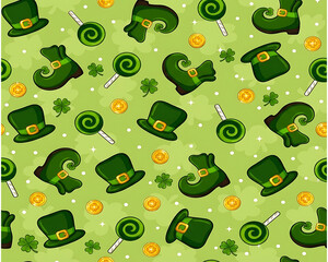 St Patrick&rsquo;s Day Seamless Pattern with Leprechaun Hats and Gold Coins 
