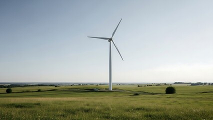 Wind turbine in a green field under a clear blue sky.