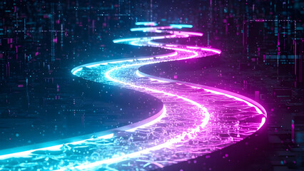Abstract glowing digital river of data flowing through a futuristic network of glowing lines and particles on a dark background, symbolizing technology and connectivity