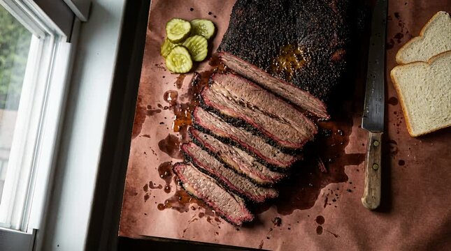 Delicious smoked brisket slices with pickles and bread, barbecue meat feast discovery brisket, smoked meat.