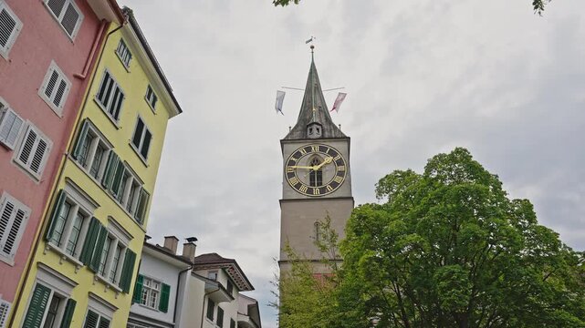 St. Peter Church Clock Tower In Zurich Old Town Switzerland.Filmed on 19 July 2025.