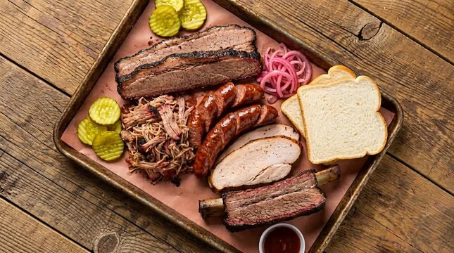 Hearty barbecue platter with brisket, ribs, pulled pork, sausage, and turkey slices. meaty feast, brisket.