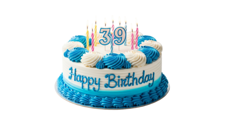 Happy 39th Birthday Celebration Cake with Blue and White Icing Festive Dessert for Adult Milestones and Joyful Party