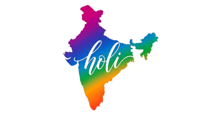 Colorful rainbow map of india with white calligraphic text 'holi' on a black background isolated on transparent background